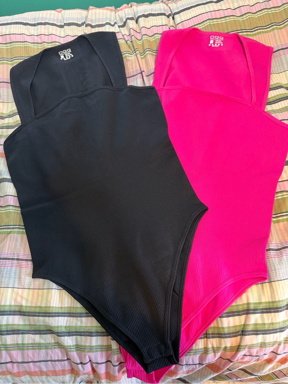 OQQ Ladies square neck rib bodysuit-Black & Hot Pink, NWOT, $15 each or $25 both